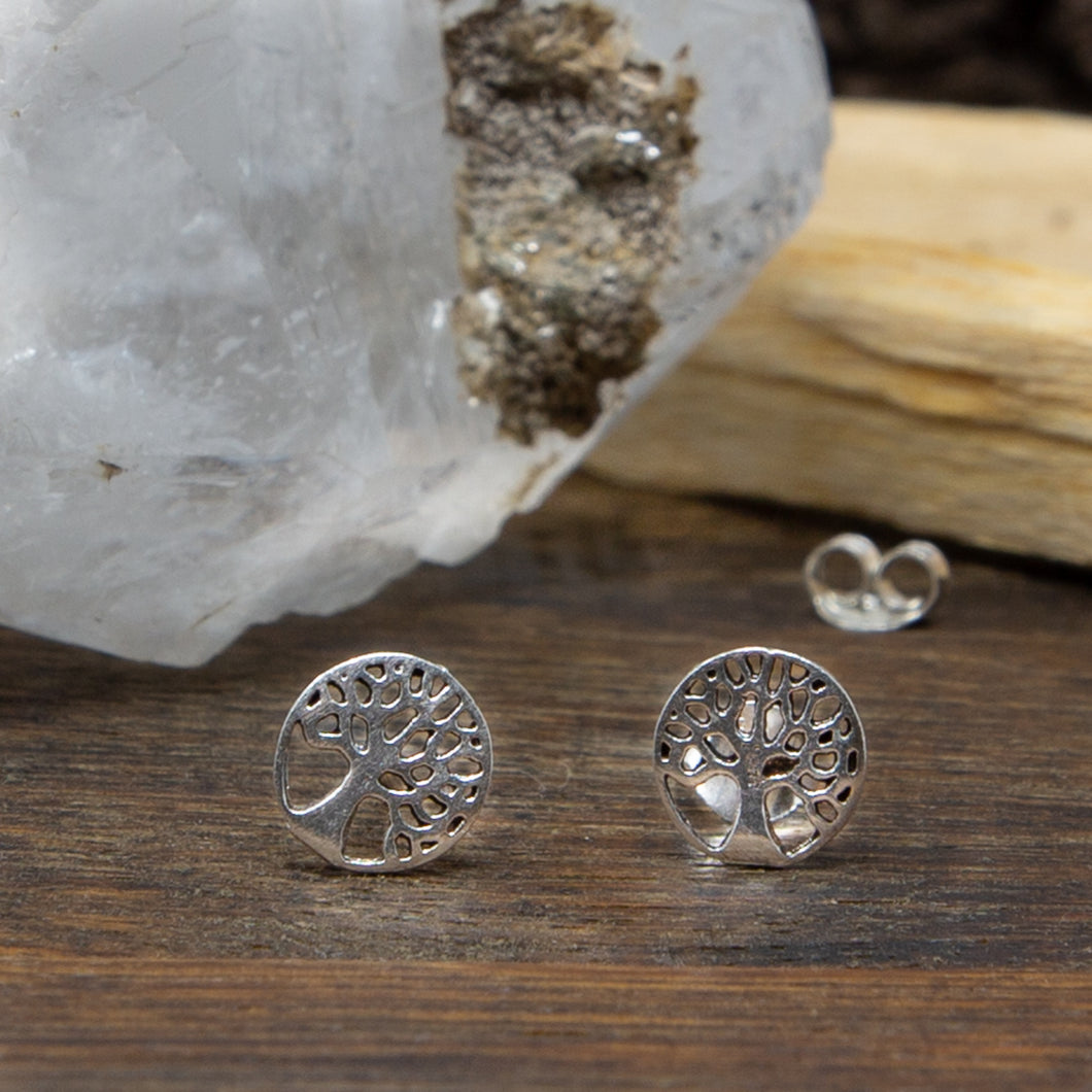 Sterling Silver Tree of Life Disc Stud Earrings