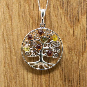 Tri Coloured Amber Sterling Silver Tree of Life Pendant (B)
