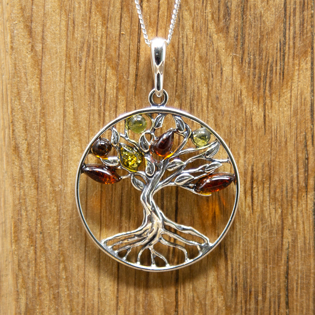 Tri Coloured Amber Sterling Silver Tree of Life Pendant